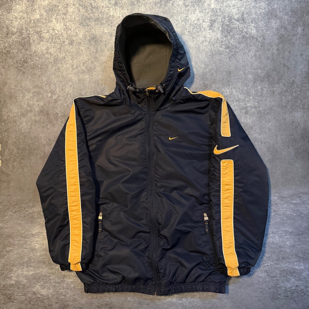 VTG Nike Hooded Windbreaker Jacket Mens M Navy Blue Yellow Fleece Lined Y2K